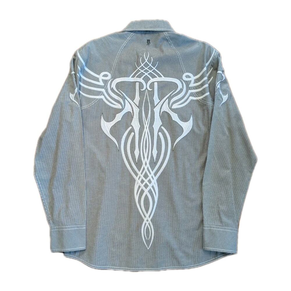 Roar Shirt Mens Large Gray Stripe Embroidered Cross Western Snap Tribal *Flaw*